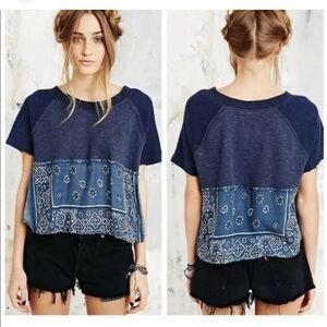 🦋 Free People Blue Bandana Patchwork Hem Top | Size Small